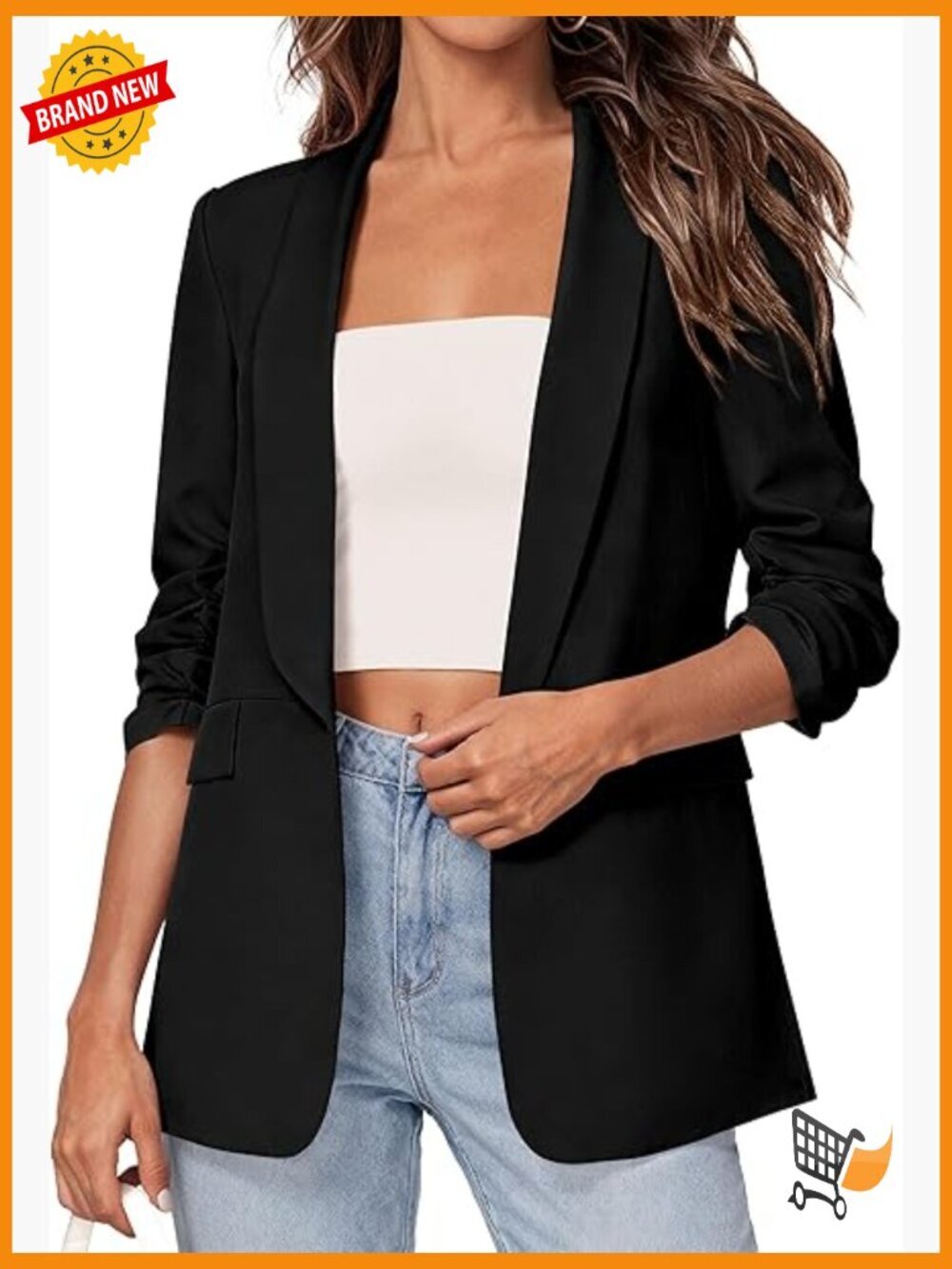 Women's Business Casual Blazer Open Front Ruched 3/4 Sleeve Lightweight Suit